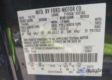 2010 Ford F-150 Fx2 Sport/Harley-Davidson/King Ranch/Lariat/Platinum/Xl/Xlt z USA, uszkodzony, nr VIN 1FTFW1CV0AFD92983